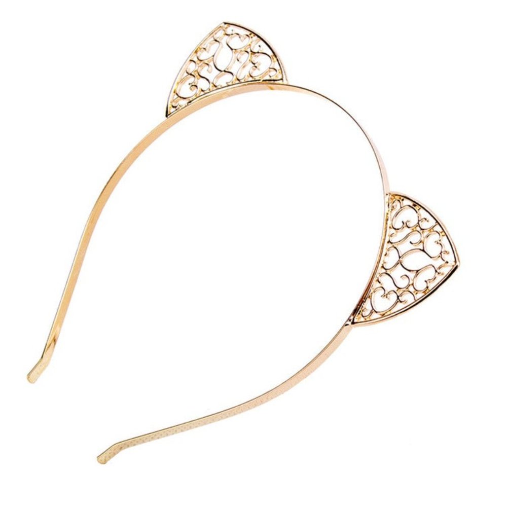 Cat Ear Crown Gold Hearts Headband Hair Band Rhinestone Hollow Cut Metal
